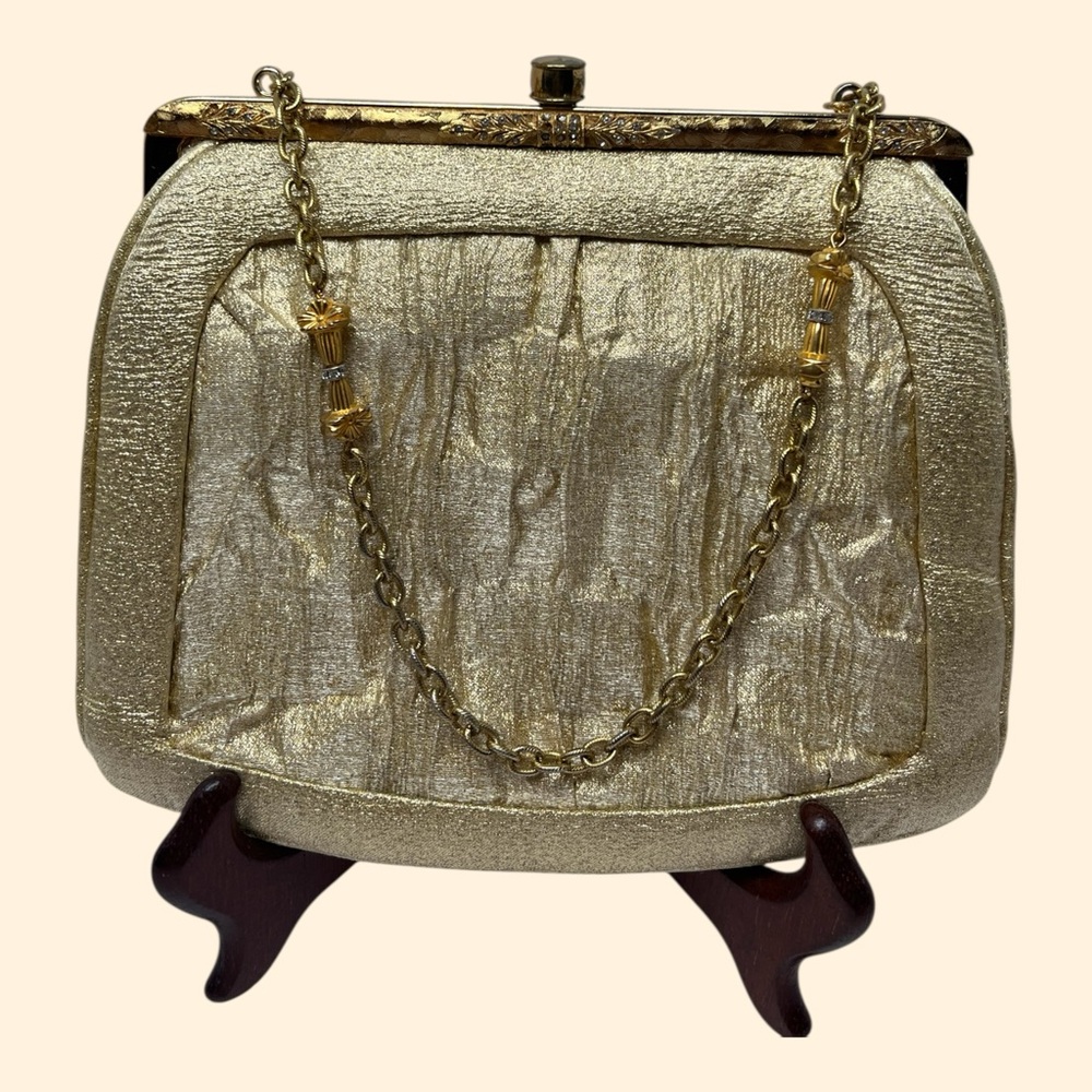 1960s Lou Taylor Vintage Gold Lamé Rhinestone Evening Handbag with Mirror